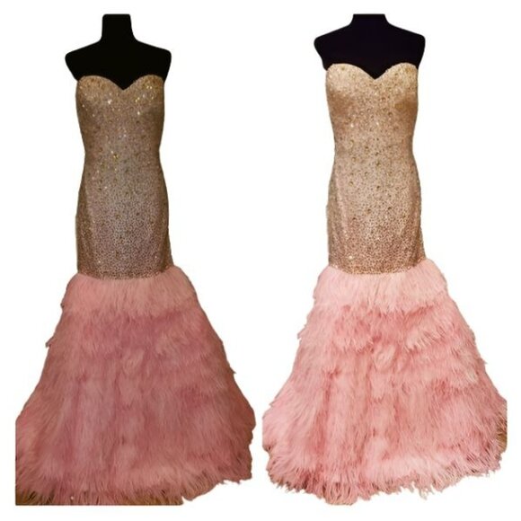 Evening Wedding Cocktail Runway Beaded Crystals Ostrich Feathers Couture Dress - Picture 14 of 16